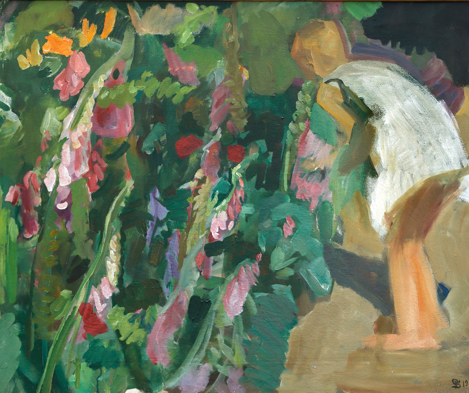 Fritz Syberg: Blomstrende fingerbøl og pige (Rabbe). 1921. Olie på lærred. 75 x 99 cm. Johannes Larsen Museet. Foto: Ole Friis.